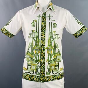 LION BRAND Vintage Size XL White Green Print Polyester Cotton Short Sleeve Shirt